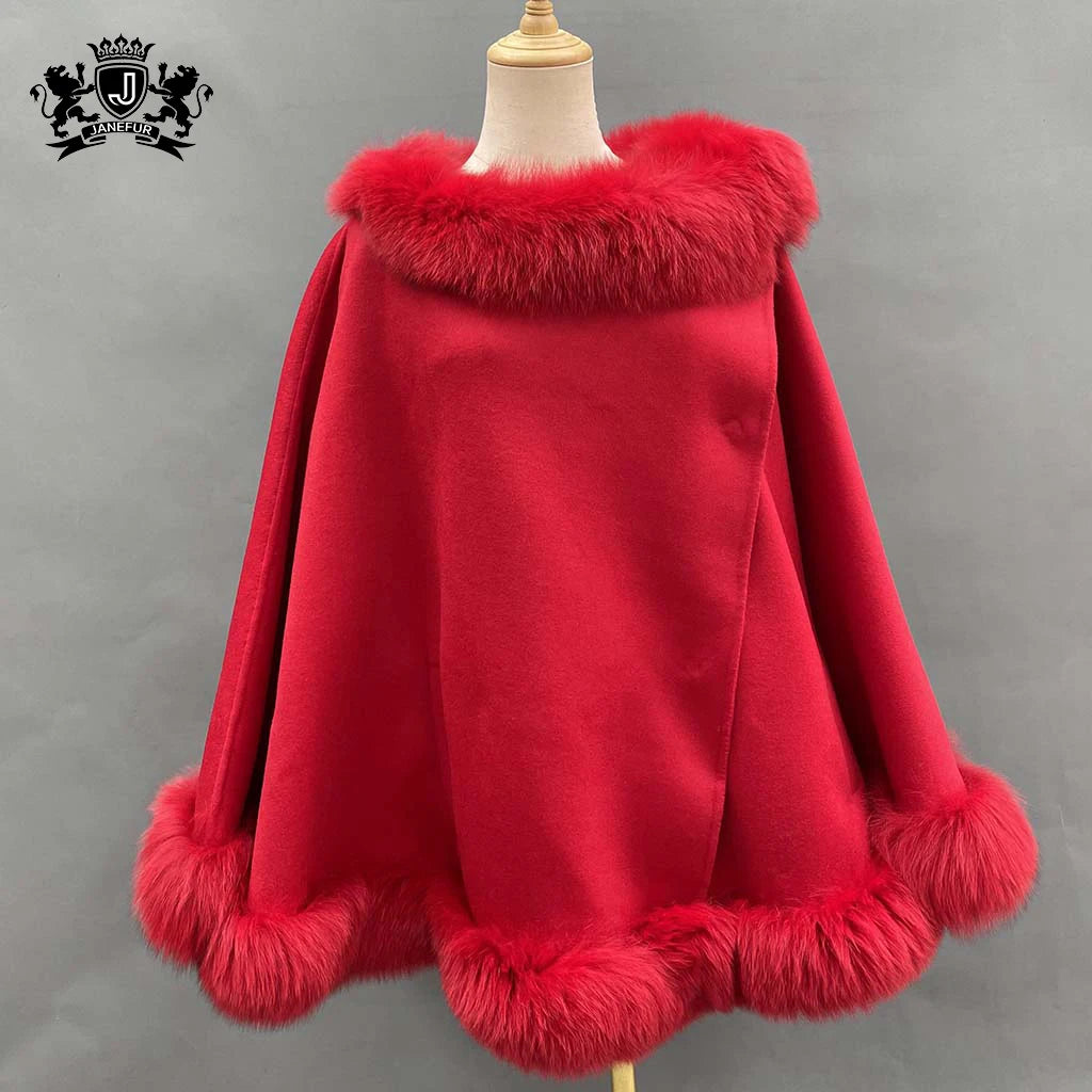 Janefur 2021 Factory Price  Loose Skirt Pendulum Custom Color Women With Fox Fur Collar Cape