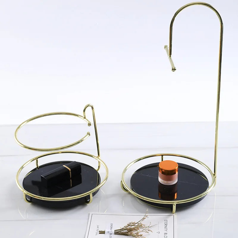 New Design Multi-functional Head Rope Hair Ring Diamond Display Jewelry Stand Gold Round Metal Marble Jewelry Stand