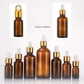 5-100ml Amber Glass Dropper Bottle Empty Essential Oil Bottle with Gold Dropper and Screen Printing Round Shape Cosmetic Use