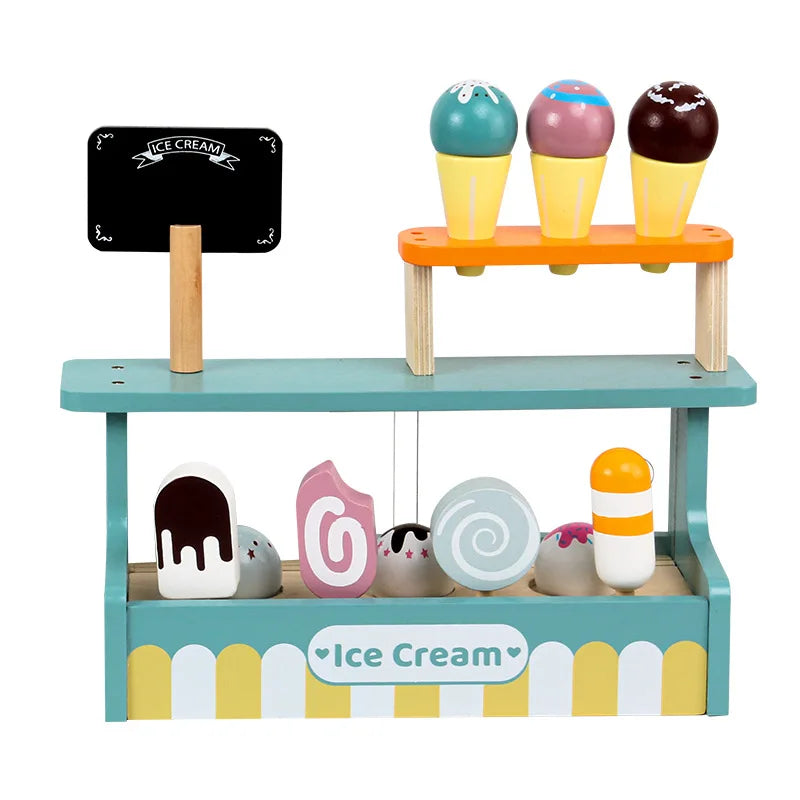 2023 New Arrival Children Wooden Role Play Ice Cream Kitchen Set Game Wood Educational Pretend Toys for Kids