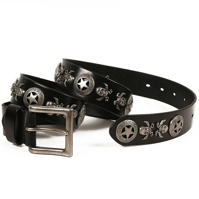 Custom Personalized Hip-hop Fashion Custom Logo Skull Studs Rivet Genuine Leather Men Studded Belt for Women