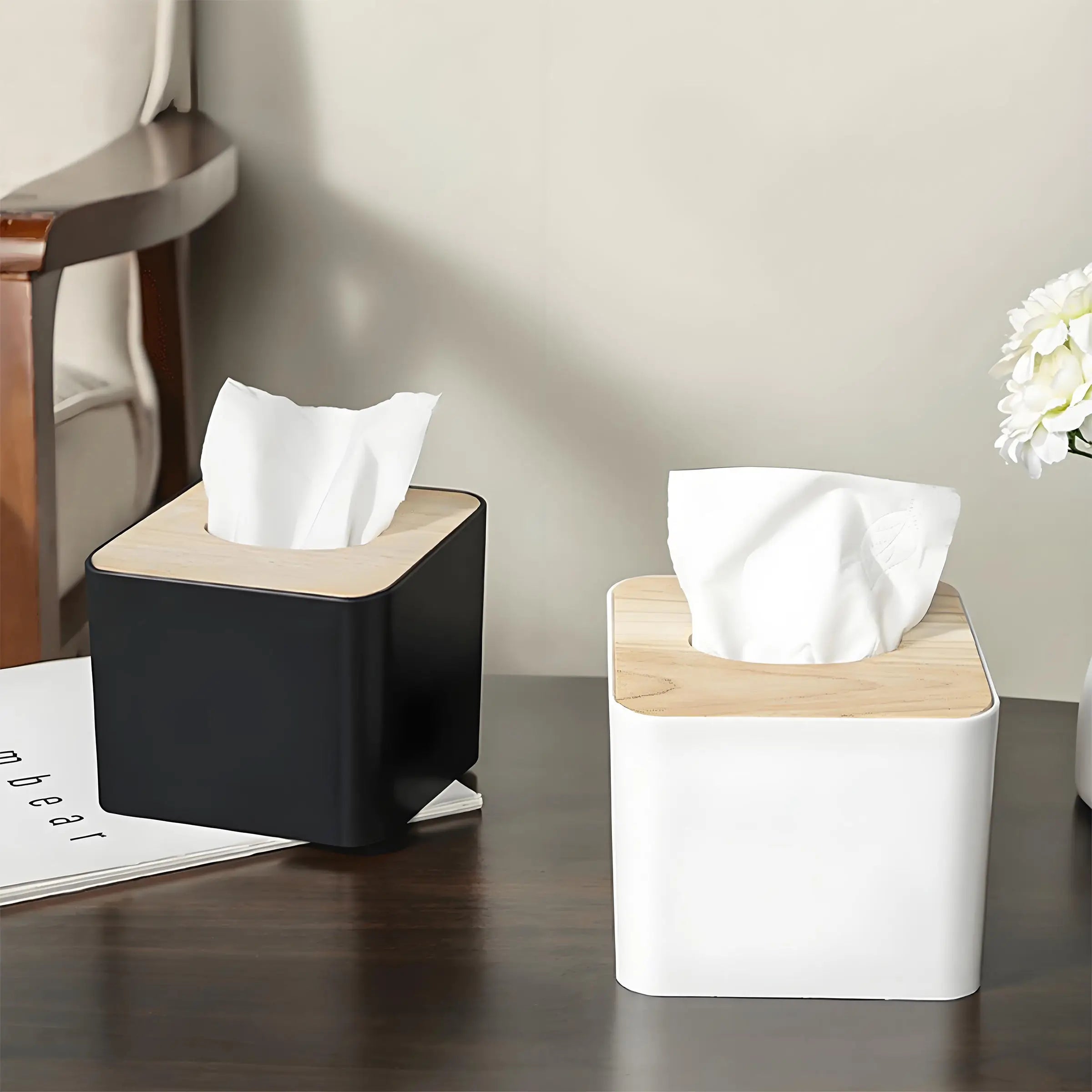 Wholesale Custom Logo Plastic Napkin Holder with Natural Bamboo Cover Tissue Paper Storage Box for Restaurant Bar Hotel