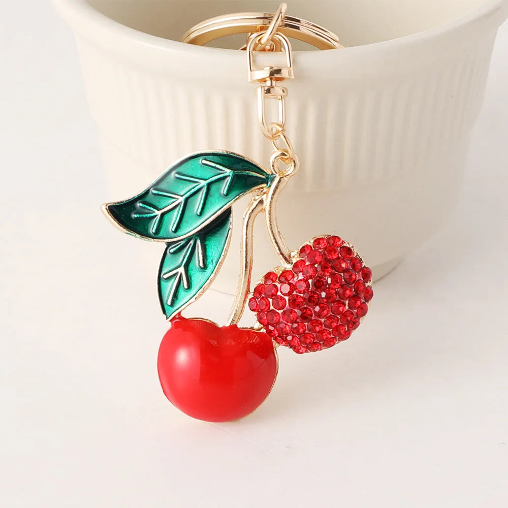 Ins Metal Red Enamel Cherry Pendant Schoolbag Keychain Accessories Custom Rhinestone Cherry Key Chain for Gift