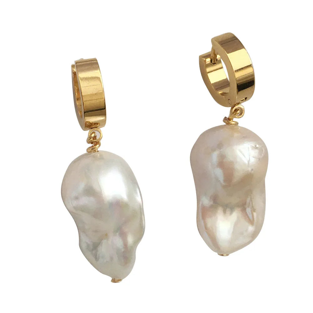 Big Nature Baroque 13-16  mm Freshwater Pearl Stainless Steel With Real Pvd 18K Gold Earring 100% Nature Freshwater Pearl .