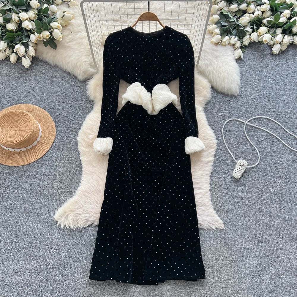 Winter Tunic Modest Plain Women Elegant Patchwork Velvet Vestidos Black Maxi Long Sleeve Evening Dress Women