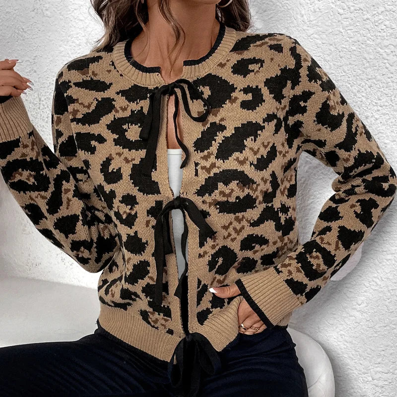 Wholesale New Leopard Print Bow-Tied Knit Sweater Autumn and Winter Women's Long Sleeve Casual Loose Sweater