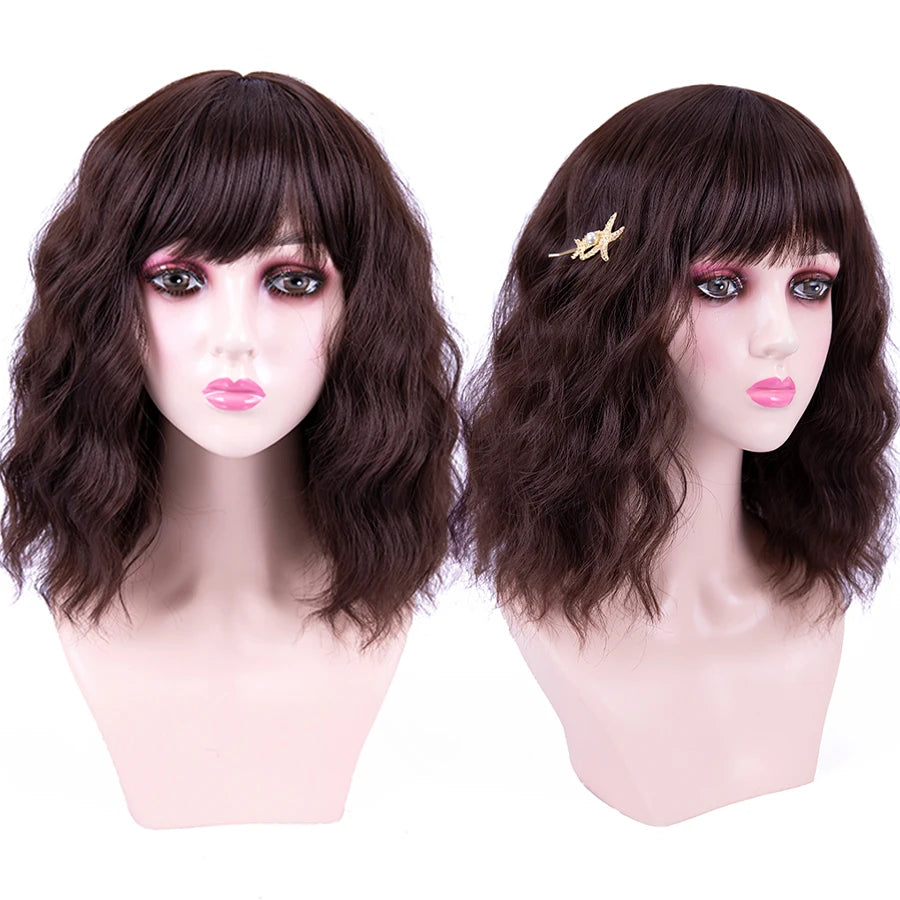 14inch Short Natural Wavy Bob Wave Wig Shoulder Length Wave Synthetic Hair Bob Wig with Bangs for Lolita Cosplay Women Daily Use