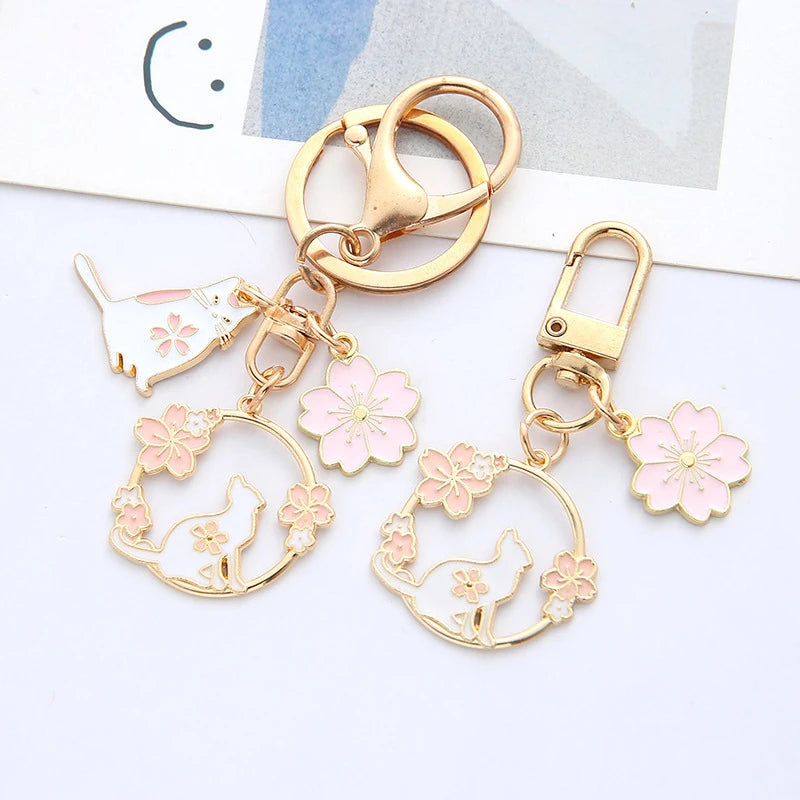 Kawaii Pink Cartoon Cherry Blossom Sakura Rabbit Moon Keychain White Cat Pendant Backpack Keyring Charms Car Couple Gift