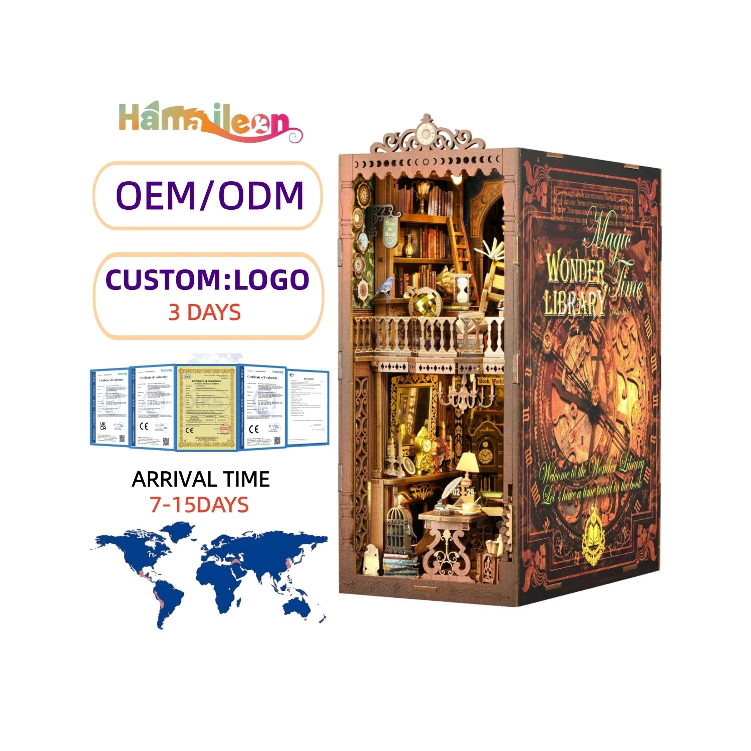 Hamaileon SL06 Wonder Library 3D DIY Toy Set Mini Booknook Puzzle Alley Doll Houses Book Nook Library Includes Mini Wood Model
