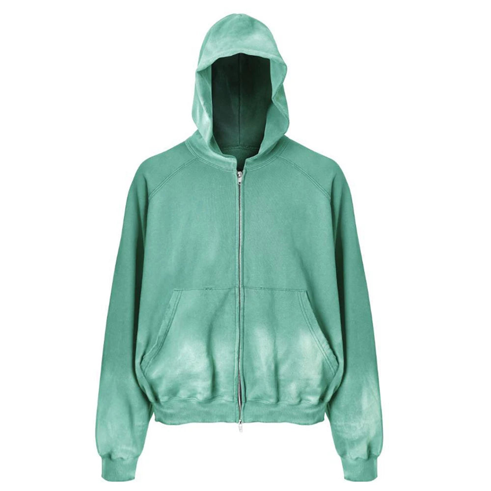 Streetwear Vintage Zipper Sweatshirt Custom Men Heavy Weight Cotton Stone Acid Wash Zip up Distressed Crop Boxy Sun Faded Hoodie