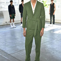 Green Men's Suit Peaked Lapel Wedding  Man Suits With Belt Male Clothes Jacket Pants Set Long Sleeves Prom Party Blazer