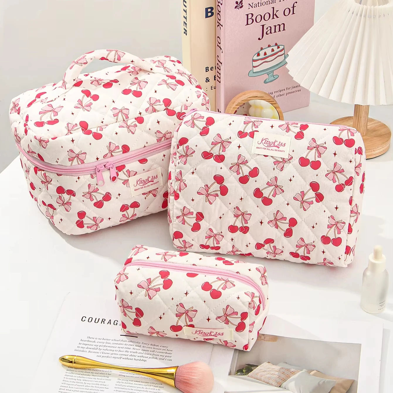 Wholesale Ladies Large Capacity Cosmetic Bag Multi-Functional Storage Bag Simple Fresh Cherry Bow Cosmetic Bag Zipper Women Lady