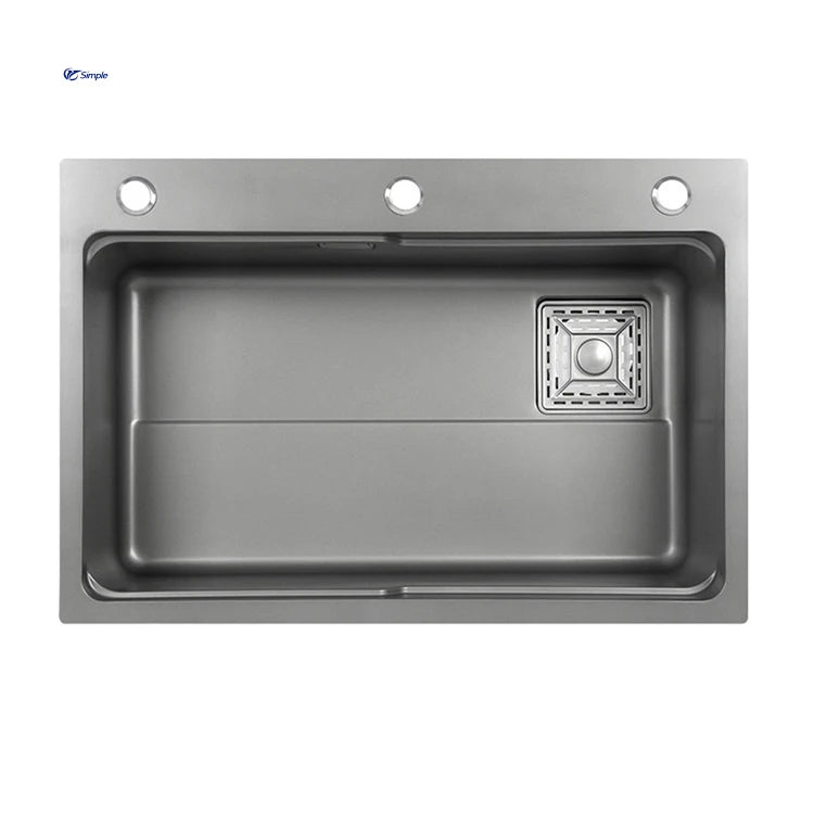 Factory Direct Handmade Single Bowl Stepped Base Kitchen Sink Nano Black Polished Surface with Faucet