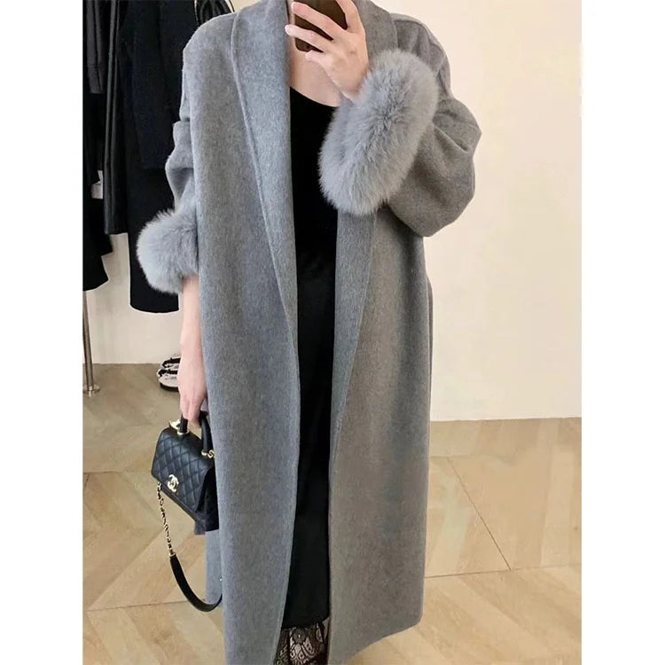2024 New Arrival Ladies Long Casual Coat Woolen Knitted Fabric Cashmere Cuff Collar Fur Waterproof Pattern Hot