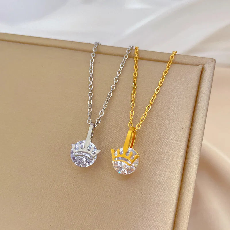 Trendy 18K Gold Plated Stainless Steel Sparkling Crown Zircon Stone Necklace for Women Necklace Clavicle Chain Necklace