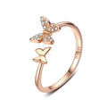 Women New Open Ring Rose Gold Butterfly 925 Silver Adjustable Ring for Gift
