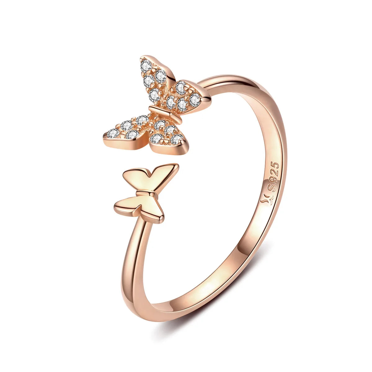 Women New Open Ring Rose Gold Butterfly 925 Silver Adjustable Ring for Gift