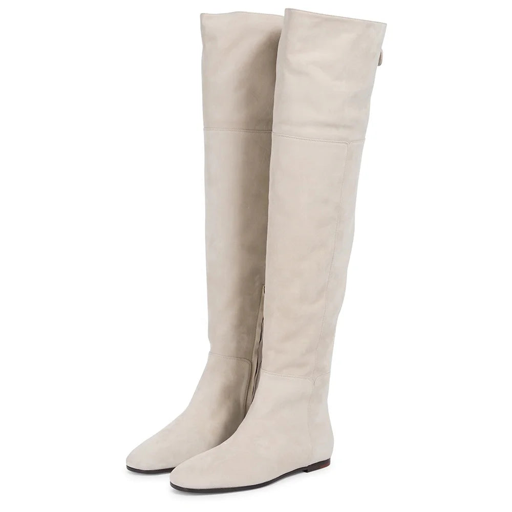 Casual Flat Shoes White Faux Suede Side Zipper Round Toe Winter Knee High Boots Women Shoes Plus Size