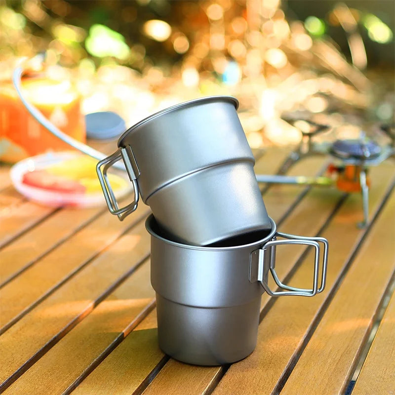 Ultralight Titanium Cup Camping Water Cup Mug Outdoor Camping Accessories Picnic Water Cup Mug with Foldable Handle