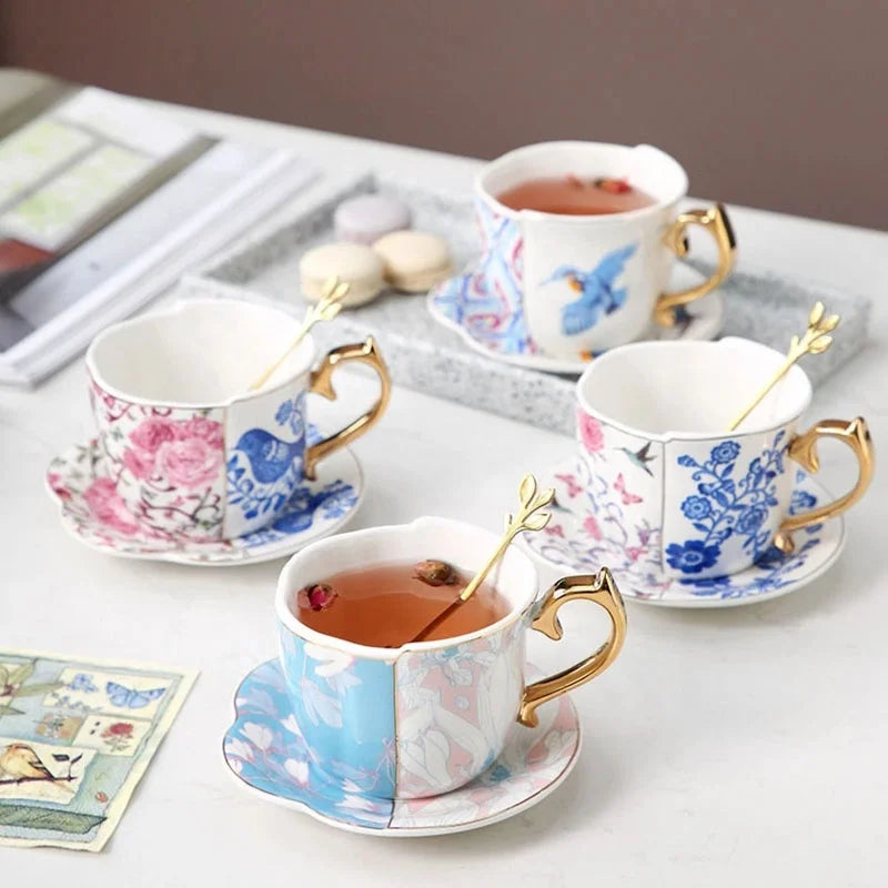 New Design Retro Flower and BirdAsymmetric Special-shaped Ceramic Mug and Porcelain Coffee Cup Saucer