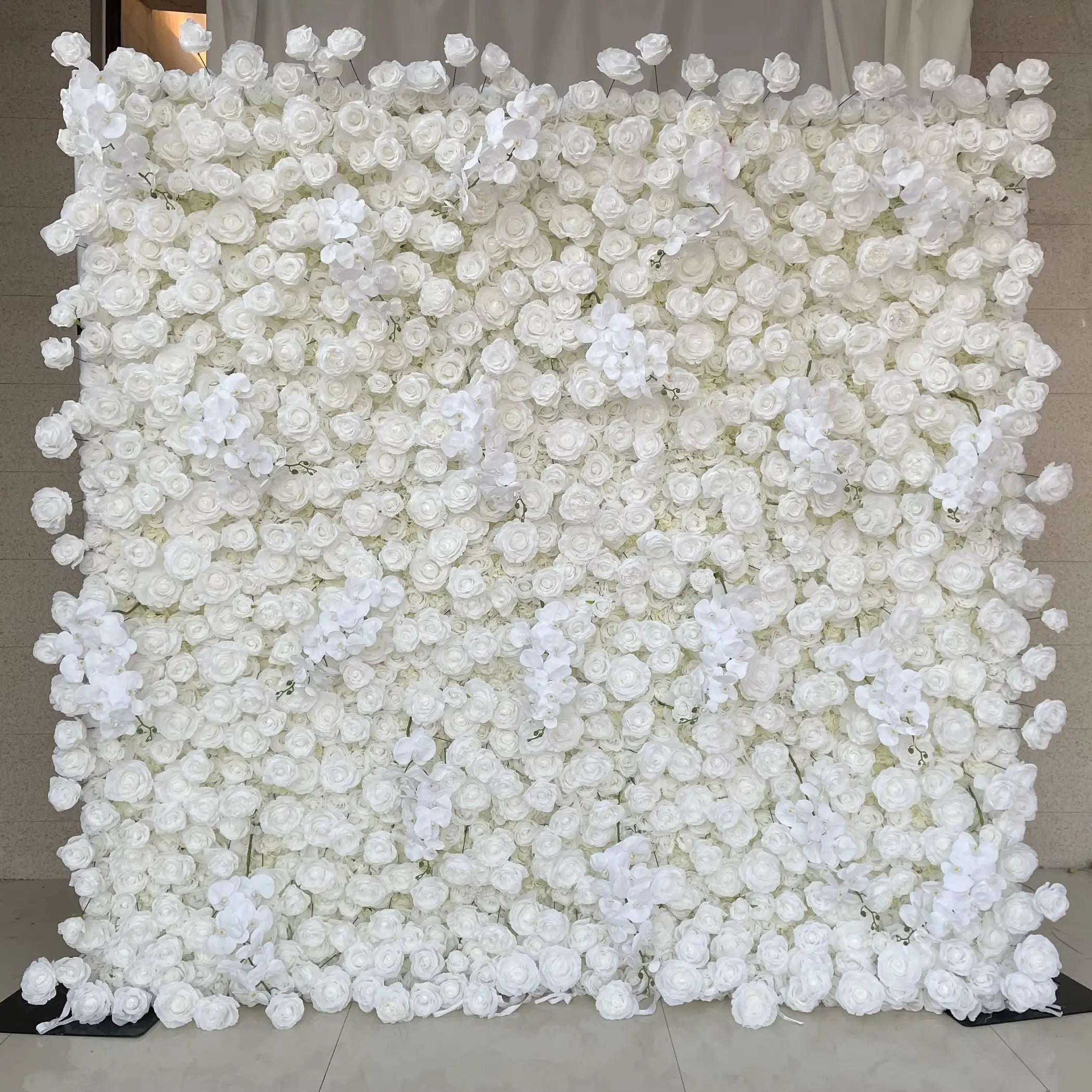 Custom Artificial White Rose Hanging Flower Wall Fabric Silk 3D Wedding Flower Wall Event Party Decor