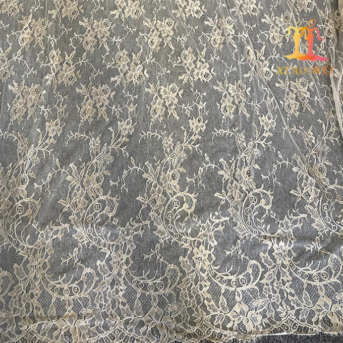 Wholesale Eco-Friendly Mesh Sequins Bridal French Lace Fabric with White & Gold Thread Nylon Material XM-FL0107