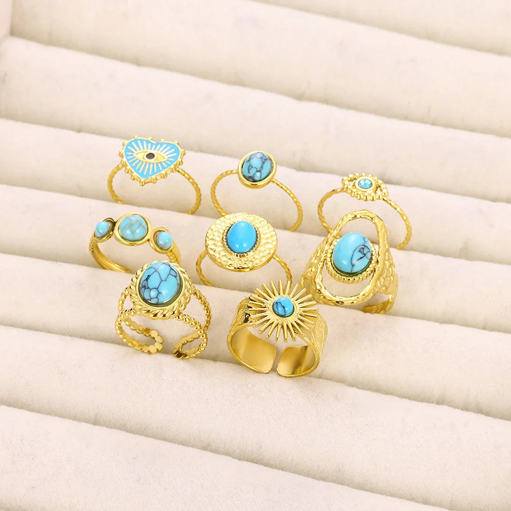 Fashion Luxury Girls Turquoise Ring 18k Gold Plated Stainless Steel Adjustable Open Heart Rings for Women