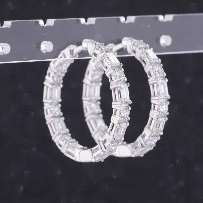 Fine Jewelry 14K White Gold Earrings Emerald Cut  Lab Grown Diamond Hoops  Earrings for Women