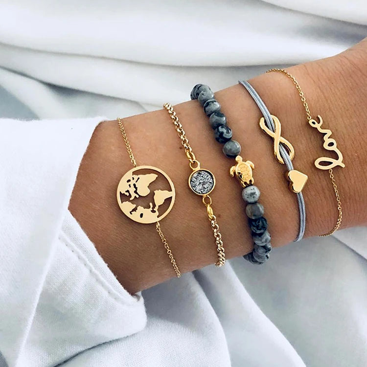 Fashion Stretch Silk String Stone Beads Women Gold Plated Charm Infinity Sea Turtle Love World Map Boho Bracelet Set Jewelry
