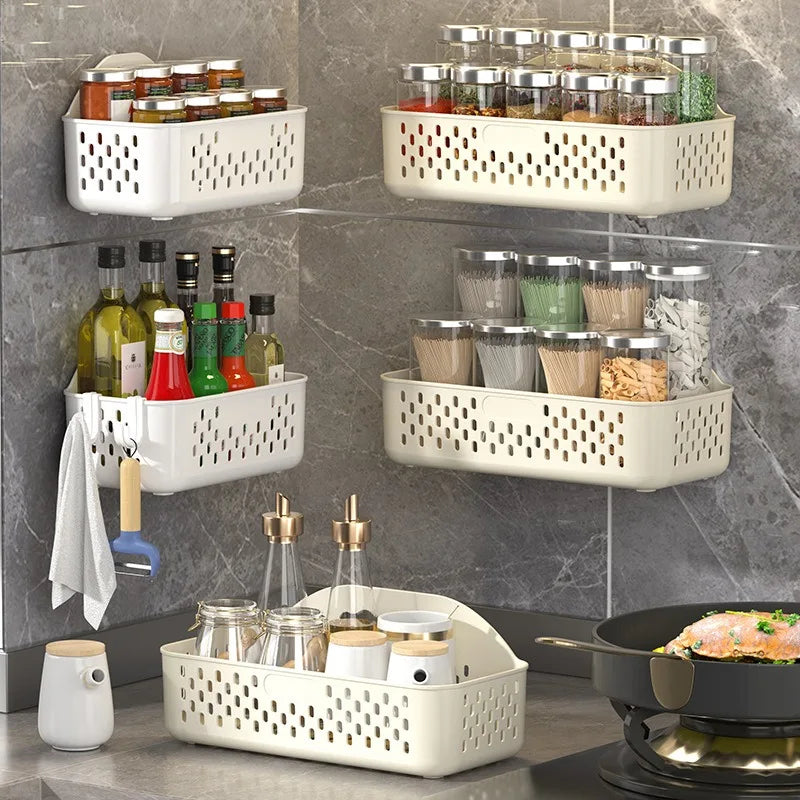 Multi-Functional Creative Wall Hanging Storage Basket Free Punching for Bathroom Kitchen Seasoning Fruit Vegetable Drain Rack