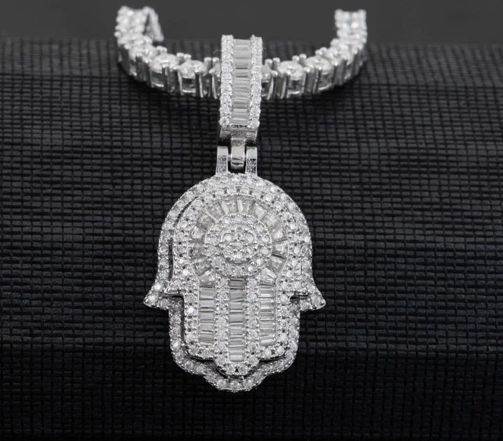 Real U Jewelry 925 Sterling Silver Iced VVS Moissanite Diamond Hand Fatima Pendant Necklace for Men Premium Moissanite Necklaces