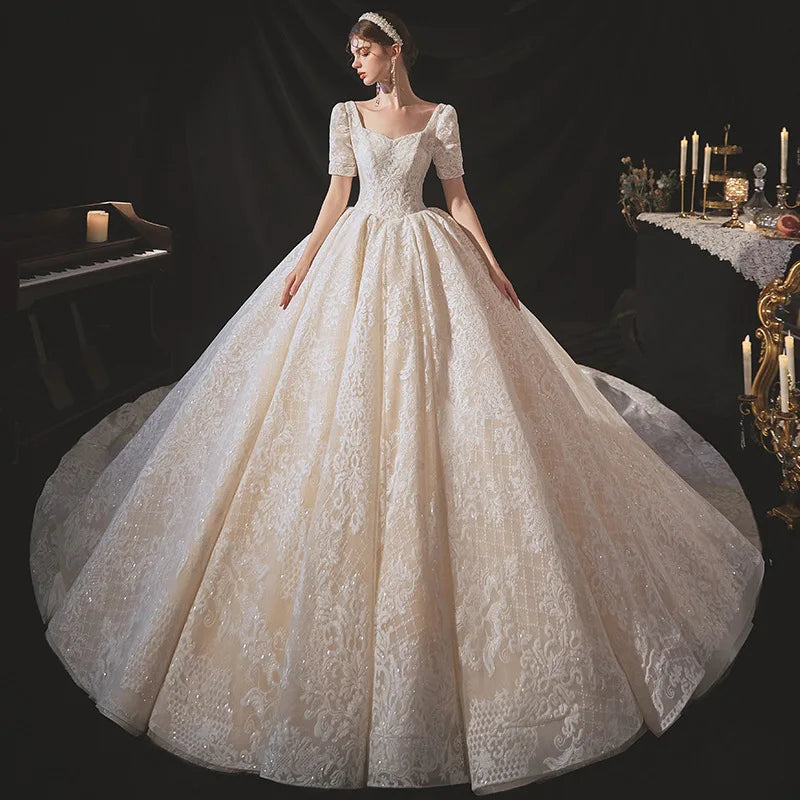 New Beach Gowns Lace A-Line Bridal Dress Flowers Appliques Princess Wedding Dresses