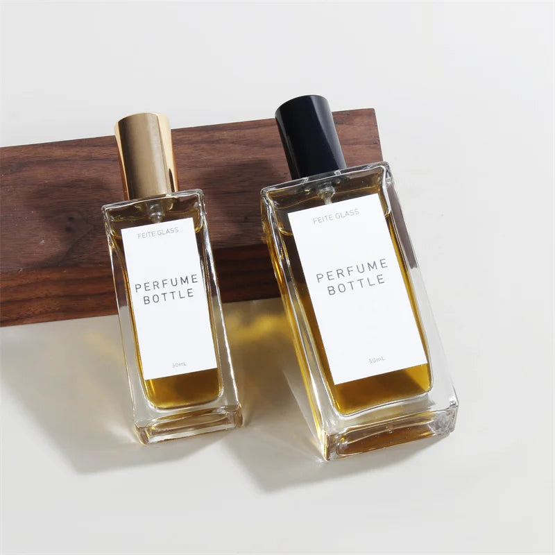 Wholesale 30ml 50ml 100ml New Rectangular square Aluminum Pressure Atomizer Transparent Glass Perfume Bottle