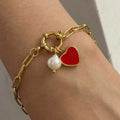 DIY 18K Gold Plated Stainless Steel Paperclip Chain Bracelet for Women Red Enamel Heart Pendant Link Chain Bracelet Jewelry
