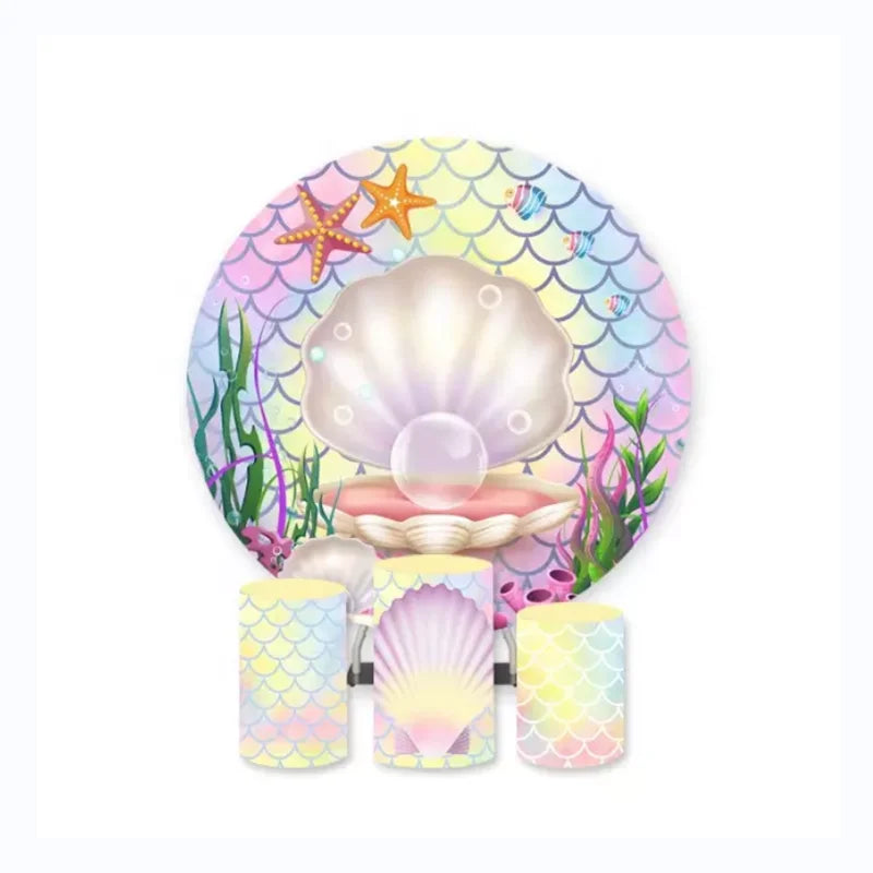 Custom 5FT 6FT 7.2FT Mermaid Theme Backdrop Birthday Decoration With Dessert Plinth Cylinder Fabric Mermaid Scales Backdrop Set