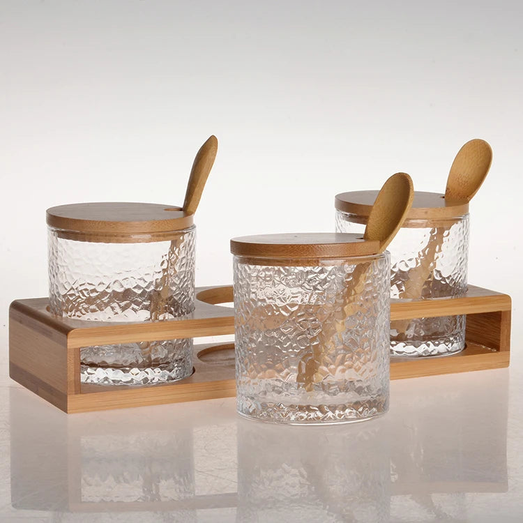 Wholesale Food Grade clear Glass Spice Storage Jar and Bottle Preserve Food Glass Jar with Bamboo Lid and Spoon