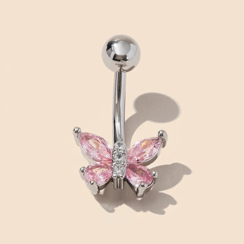 Elegant Butterfly Pattern 316L Stainless Steel Navel Ring Zircon Stone Gold Claw Setting Trendy Girls' Fashion Accessory