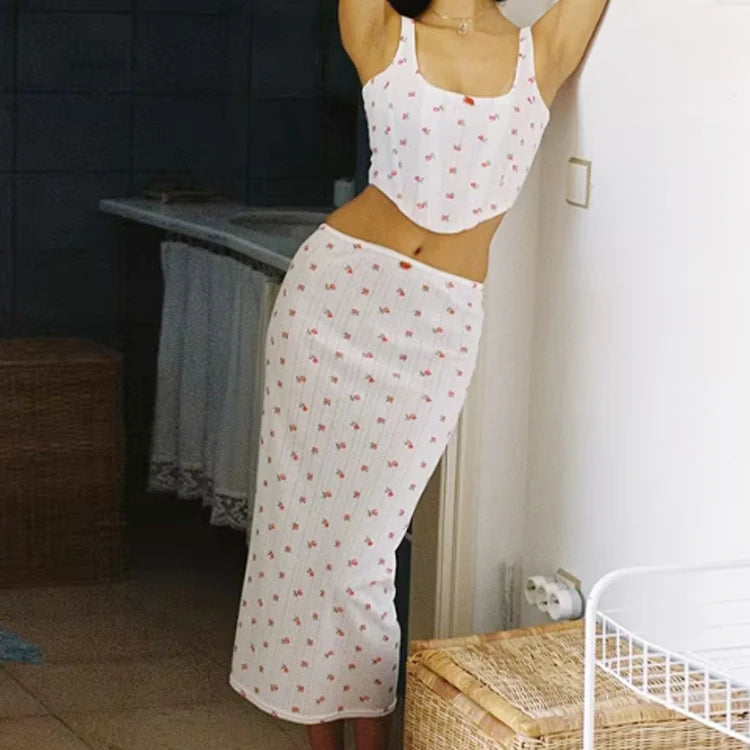 Enyami Summer Cottagecore Boheme Chic Feminine Women 2 Piece Suits Sleeveless Printed Floral Crop Top Midi Skirt Co Ord Sets