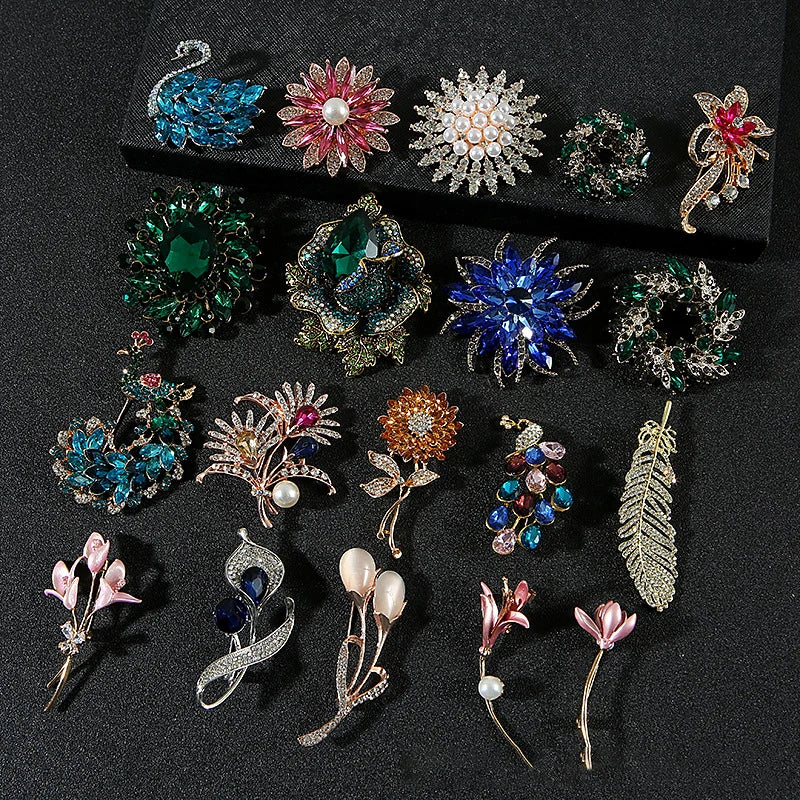 Jachon Rhinestone Sunflower Brooch Pin Vintage Gold Feather Pearl Flower Brooches Pins Retro Rose Bouquet Brooch Shawl Pin