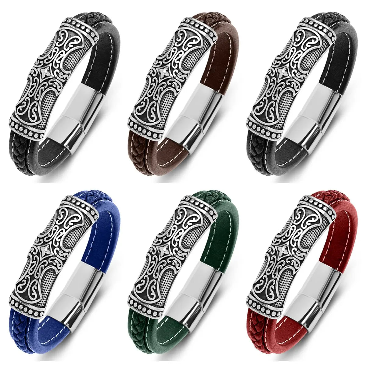 Fashionable Men's Black Leather Bracelet Hand Woven Rope Fashion Accessories with Magnetic Buckle Bangles