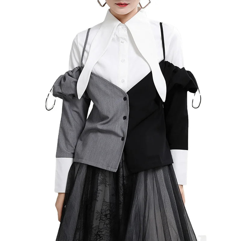 1636 Autumn Women Pointed Collar Blouse Color Blocking Patchwork Sling Mock Two-piece Long Sleeve Shirt