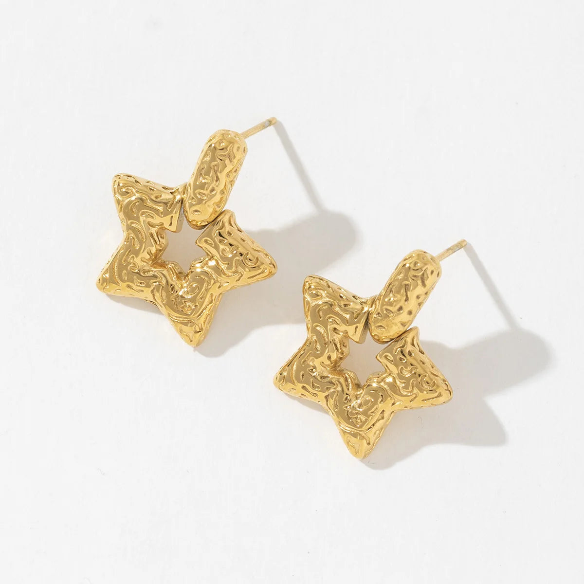 Stylish Vintage 18k Gold Waterproof Stainless Steel Irregular Texture Hollow Star Earring for Women
