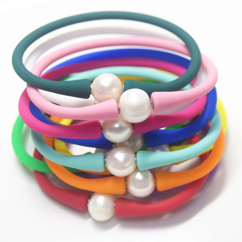 Hawaiian Multi Colors Silicone Wristband and Freshwater Pearl Bead Charm Silicone Bracelets and Necklaces Jewelry