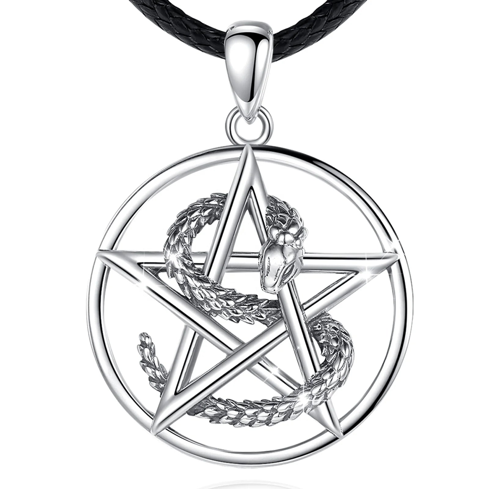 Men's Unique 925 Sterling Silver Pentagram Snake Pendant Necklace Fine Religious Jewelry for Engagement Wedding Party or Gift