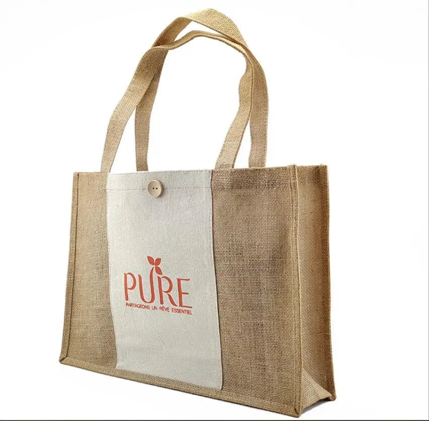 Natural Burlap Eco Friendly Jute Bag with Button Reusable Jute Bag Tote with Cotton Webbing Handle