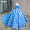 Bling Blue Off-Shoulder Beaded Bodice Lace Floral Applique Layered Tulle Tiered Train Ball Gown 1230
