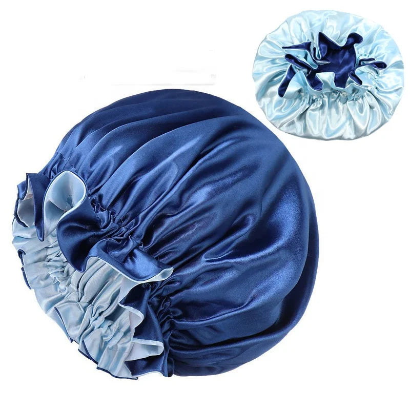 Premium Elastic Band Double-Layered Satin Sleep Shower Bonnet Night Hat for Sleeping