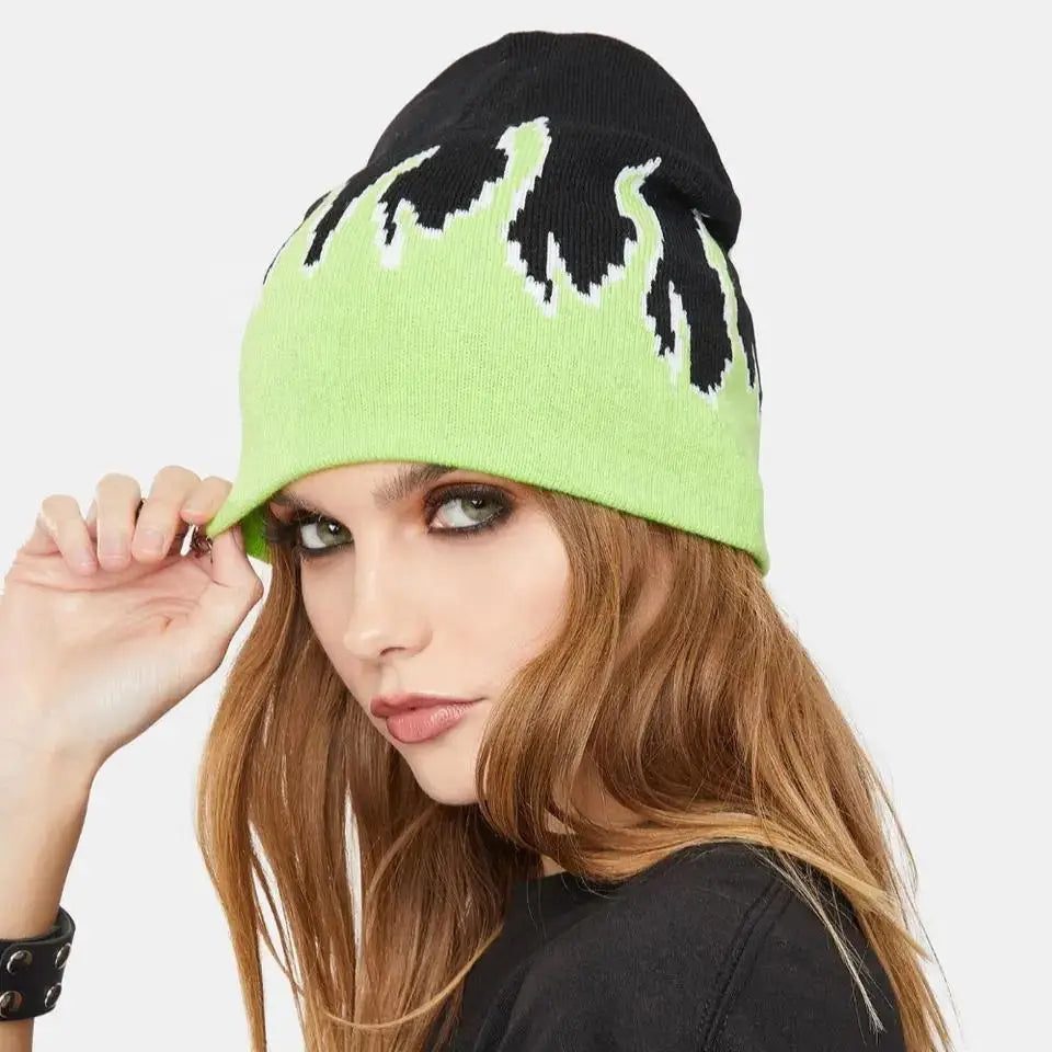 Custom logo 100% Acrylic Jacquard Fire Flame Pattern Warmer Knitted Beanie Hat