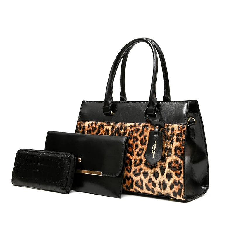 Custom Ladies Black Pu Leather Handbags Set Elegant Luxury Shoulder Bag 3 Pieces Set Trendy Women's Bags Handbags