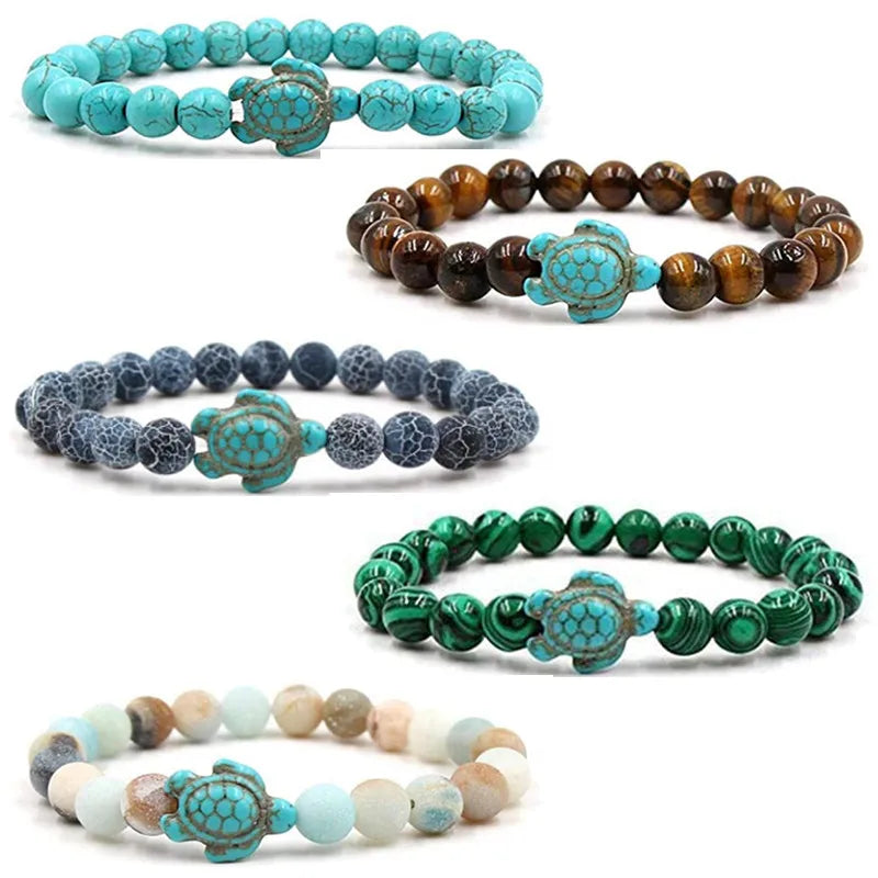 Pulsera De Tortu 8mm Stretch Bead Natural Stone Lava Turquoise Bead Bracelet Malachite Stretch Turquoise Sea Turtle Bracelet